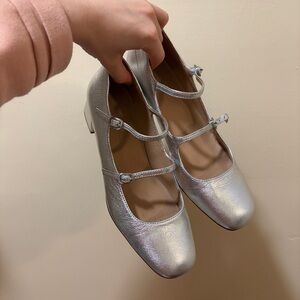 madewell the nettie heeled sliver metallic mary janes
